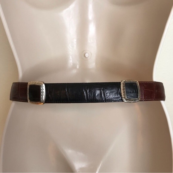 Vintage Brighton Two Tone Black Brown Leather Croc Embossed Belt Women Small - Picture 5 of 12